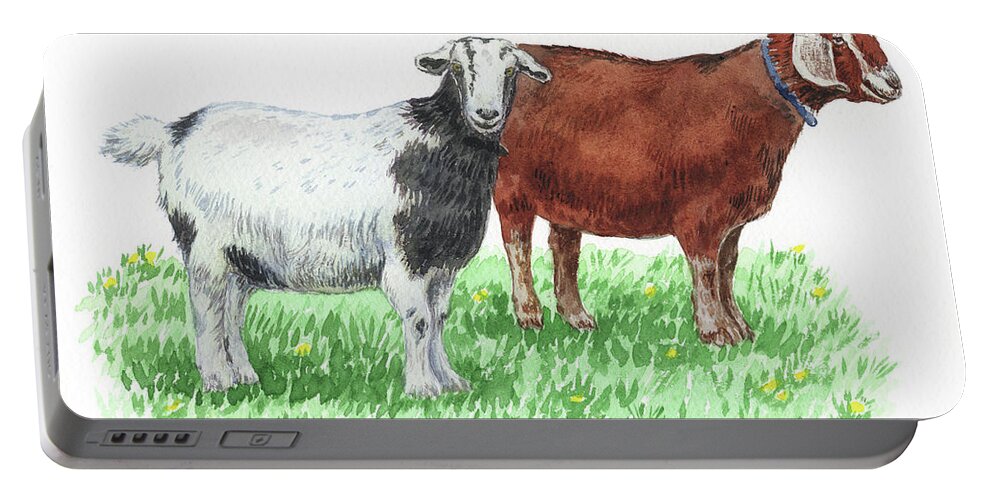 Goat Portable Battery Charger featuring the painting Cute And Curious Goats Watercolor by Irina Sztukowski
