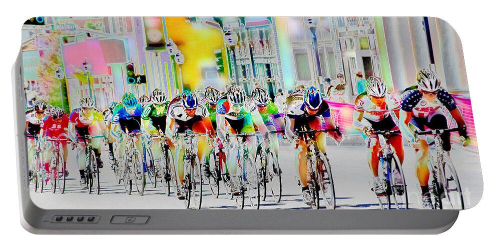 Photo Art Portable Battery Charger featuring the digital art Cycling Down Main Street USA by Vicki Pelham