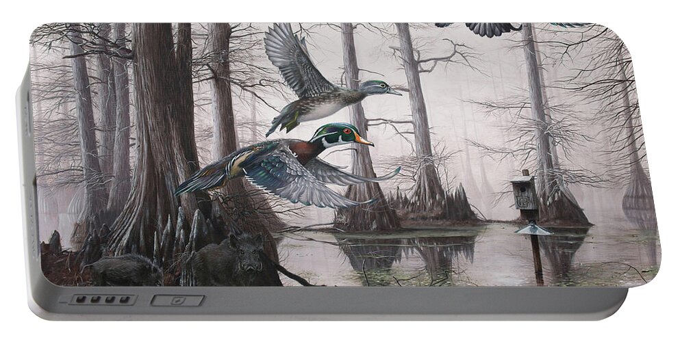 Duck Hunting Portable Battery Charger featuring the painting Cypress Bayou Neighbors by Glenn Pollard