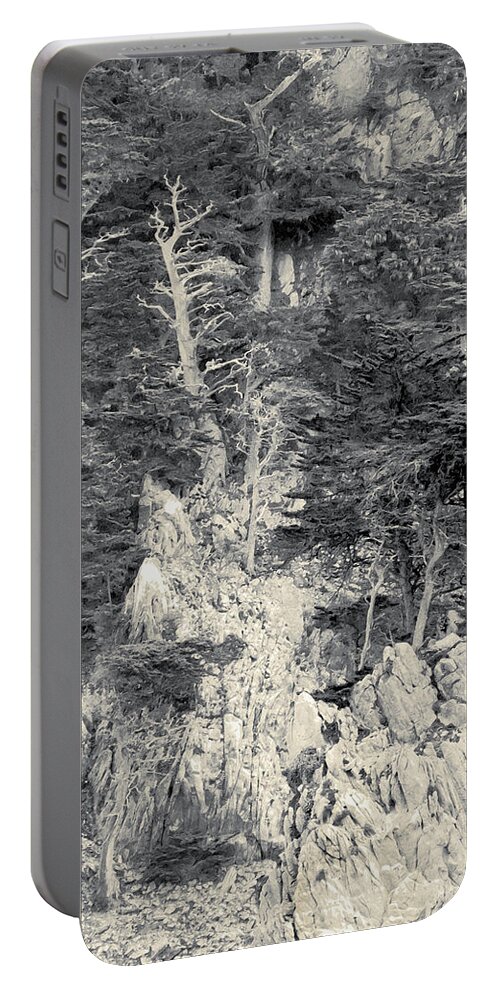 Cypress Portable Battery Charger featuring the digital art Cypress Strewn Cliff, Carmel Bay, Point Lobos, State Park Carmel, California by Kathy Anselmo