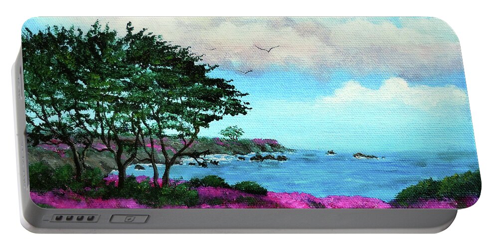 Carmel Portable Battery Charger featuring the painting Cypress Trees by Lovers Point by Laura Iverson