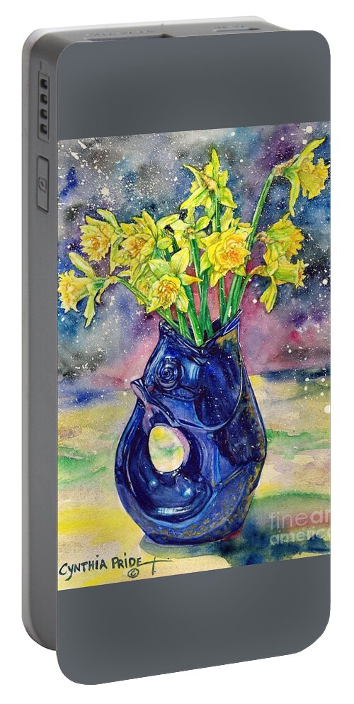 Watercolor Painting From Cynthia Pride Portable Battery Charger featuring the painting Daffodil Spray by Cynthia Pride