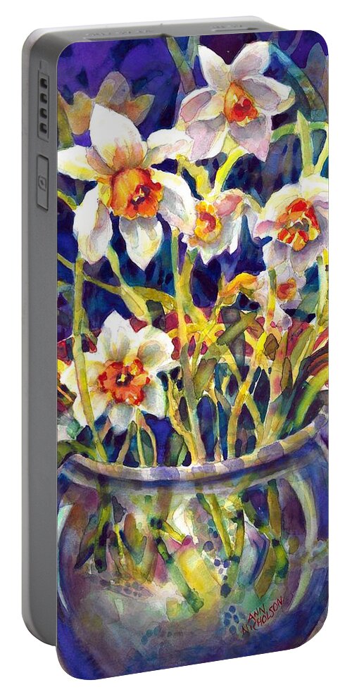 Painting Portable Battery Charger featuring the painting Daffodils and Lace by Ann Nicholson