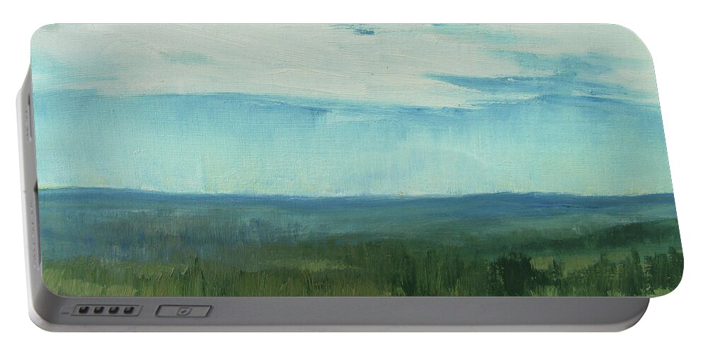 Landscape Portable Battery Charger featuring the painting dagrar over salenfjallen- Shifting daylight over mountain ridges, 3 of 12_0030_50x76 cm by Marica Ohlsson