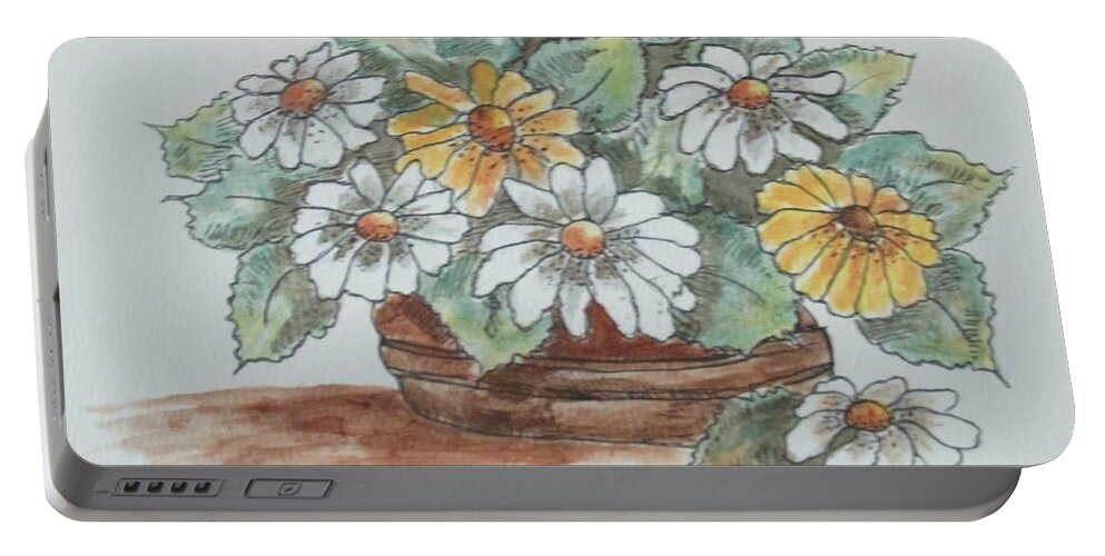 Abstract Daisies Flowers Ink Summer Blooms Tuscany Provence Gold Brown White Green Portable Battery Charger featuring the painting Daisy Craze by Sharyn Winters