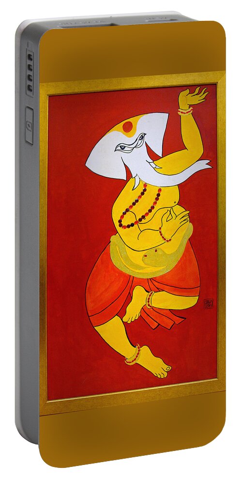 Ganesha Portable Battery Charger featuring the painting Dancing Ganesha by Guruji Aruneshvar Paris Art Curator Katrin Suter