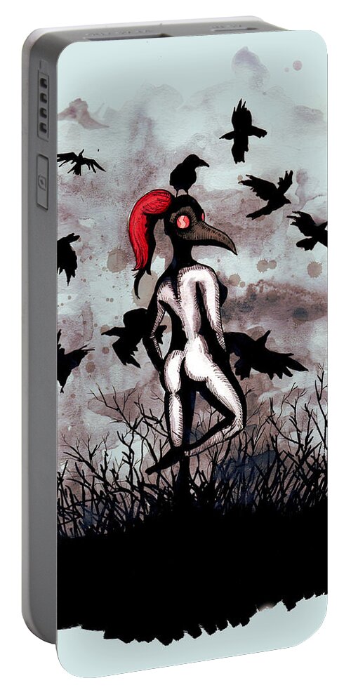 Plague Portable Battery Charger featuring the drawing Dancing With Crows by Ludwig Van Bacon