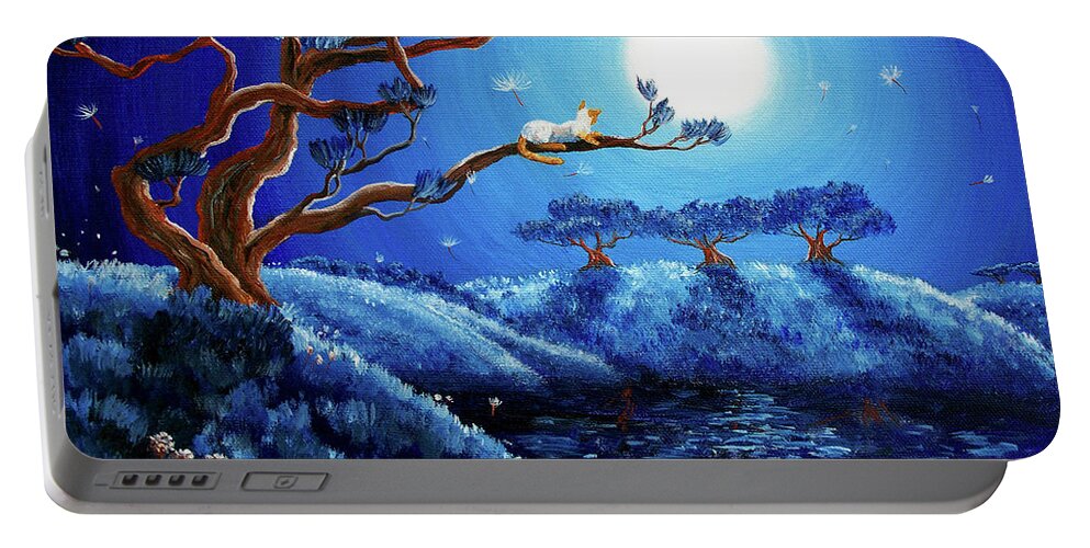 Laura Milnor Iverson Portable Battery Charger featuring the painting Dandelion Wishes and Pine Trees by Laura Iverson