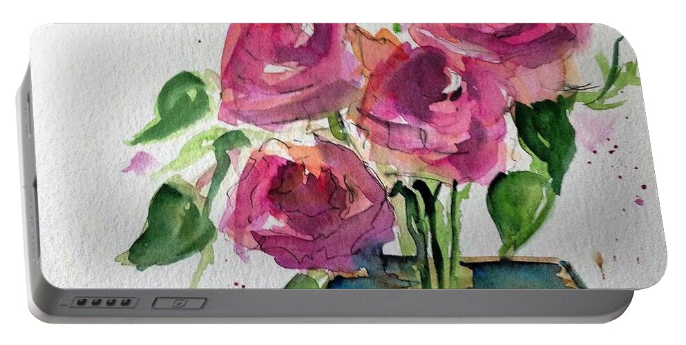 Flower Portable Battery Charger featuring the painting Dark Red Roses by Britta Zehm