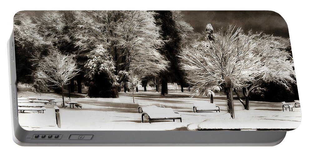 Winter Portable Battery Charger featuring the digital art Dark Skies and Winter Park by JGracey Stinson
