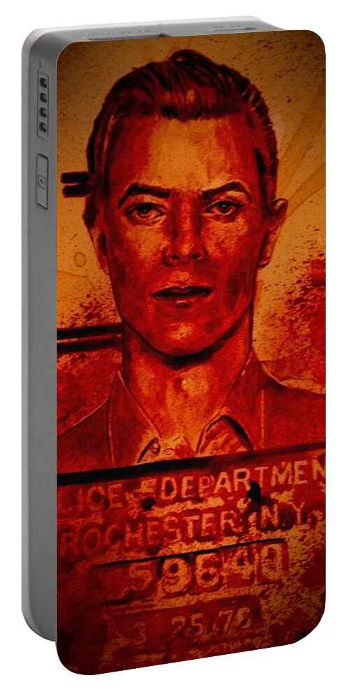 David Bowie Portable Battery Charger featuring the painting DAVID BOWIE MUGSHOT 1976 - fresh blood by Ryan Almighty