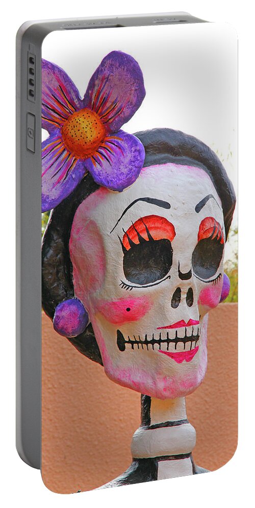 Day Of The Dead Skeleton Head Purple Flower Portable Battery Charger featuring the photograph Day of the Dead Skeleton Head Purple Flower 2 10232017 Colorado by David Frederick