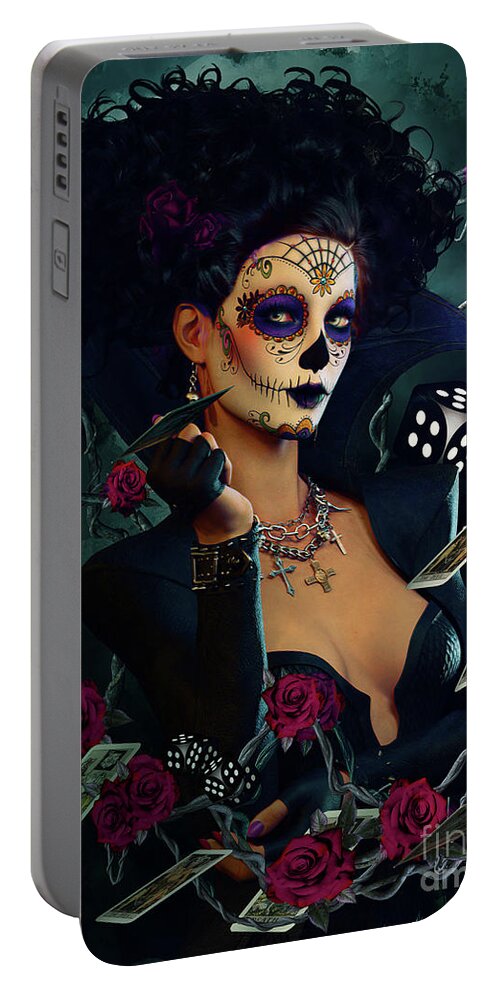 Dead Lucky Portable Battery Charger featuring the mixed media Dead Lucky Sugar Doll by Shanina Conway