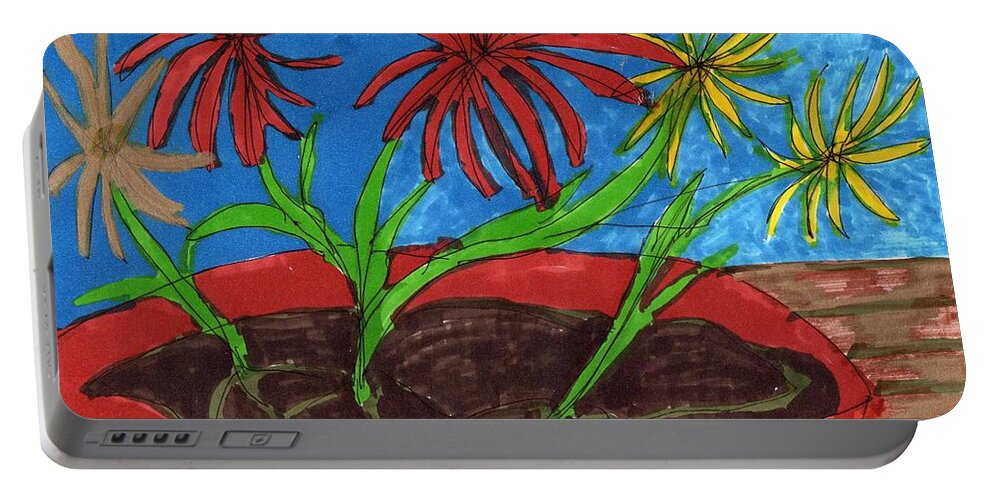 Flowers In A Planter Portable Battery Charger featuring the mixed media Deck Plant by Elinor Helen Rakowski