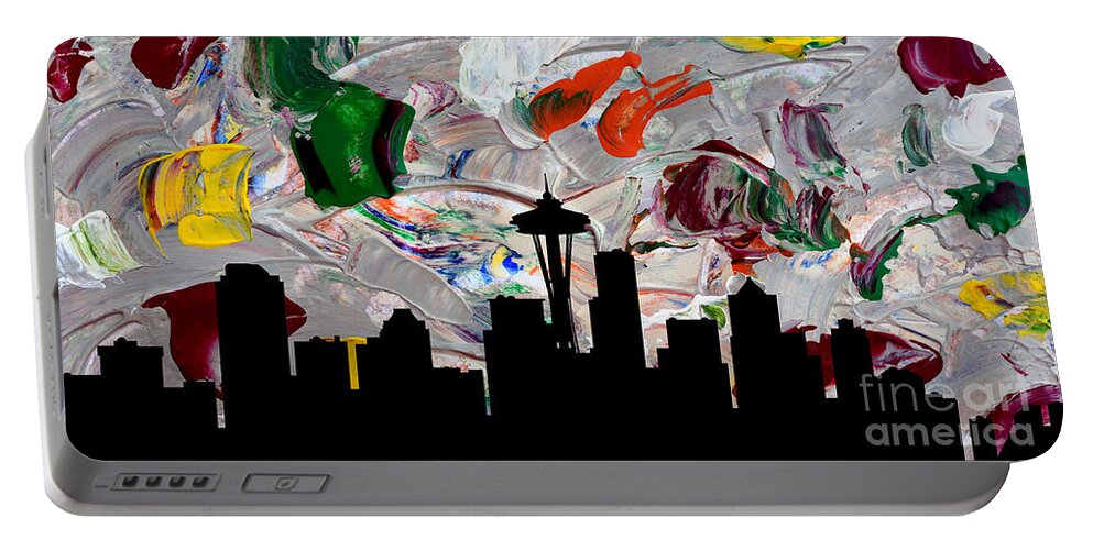 Martha Portable Battery Charger featuring the painting Decorative Skyline Abstract Seattle T1115W by Mas Art Studio