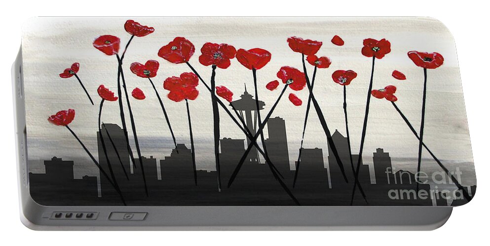 Abstract Portable Battery Charger featuring the painting Decorative Skyline Abstract Seattle T1115X1 by Mas Art Studio