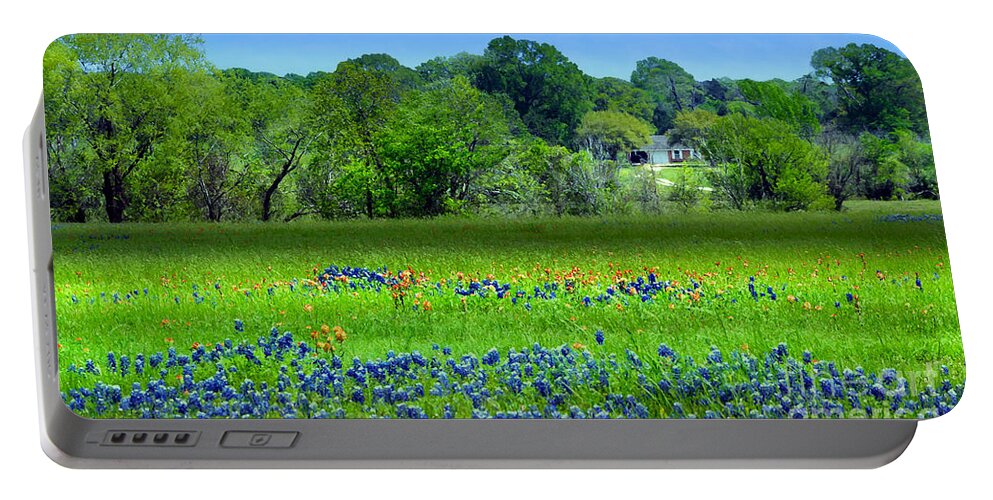 Mixedmedia Portable Battery Charger featuring the mixed media Decorative Texas Homestead Bluebonnets Meadow Mixed Media Photo H32517 by Mas Art Studio