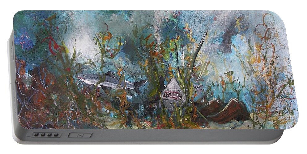 Deep Danger Ocean Water Shark Fish Weed Wave Blue Sea Acrylic On Canvas Print Seascape Seaweed Colors Sand Bottom Wreckage Wreck Portable Battery Charger featuring the painting Deep Danger by Miroslaw Chelchowski