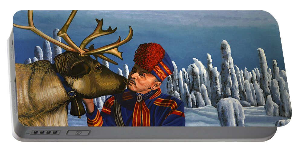 Finland Portable Battery Charger featuring the painting Deer Friends Of Finland by Paul Meijering