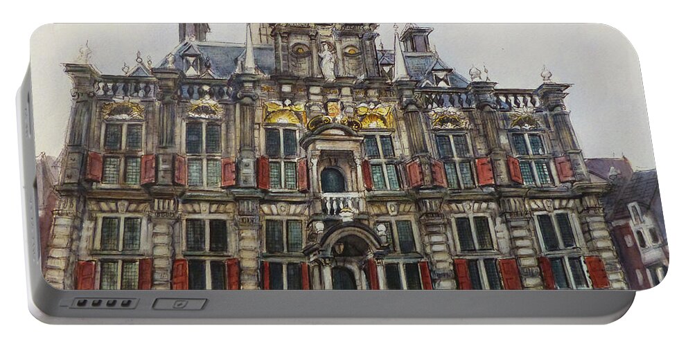 Architecture Portable Battery Charger featuring the painting Delft City Hall by Henrieta Maneva