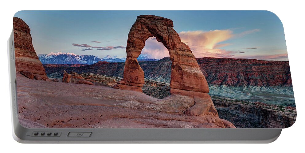 Delicate Arch Portable Battery Charger featuring the photograph Delicate Arch by Lena Owens - OLena Art Vibrant Palette Knife and Graphic Design