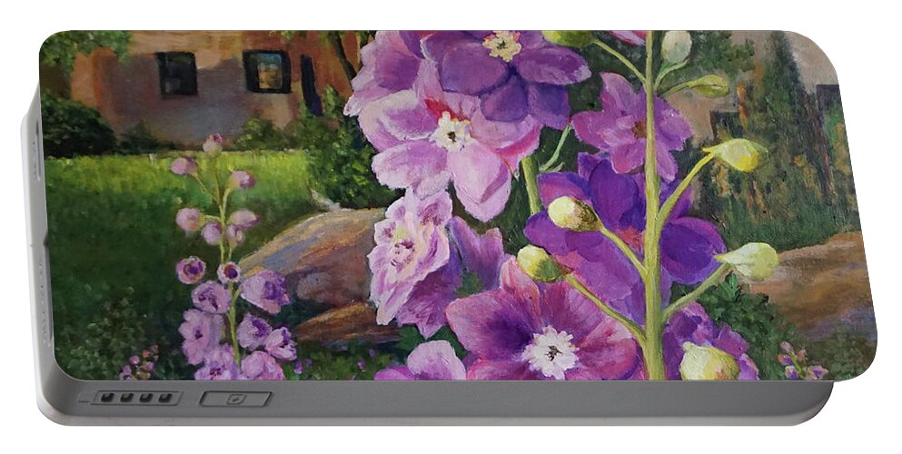 Pink Portable Battery Charger featuring the painting Delightful Delphiniums by Alika Kumar