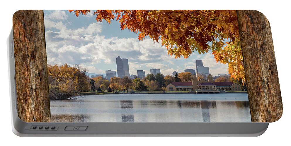 Windows Portable Battery Charger featuring the photograph Denver City Skyline Barn Window View by James BO Insogna