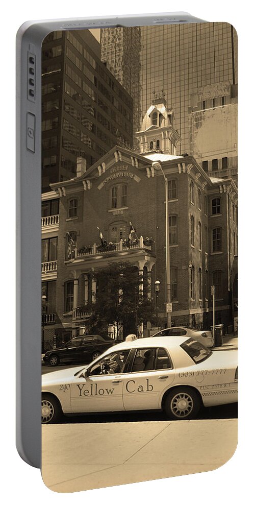 America Portable Battery Charger featuring the photograph Denver Downtown with Yellow Cab Sepia by Frank Romeo