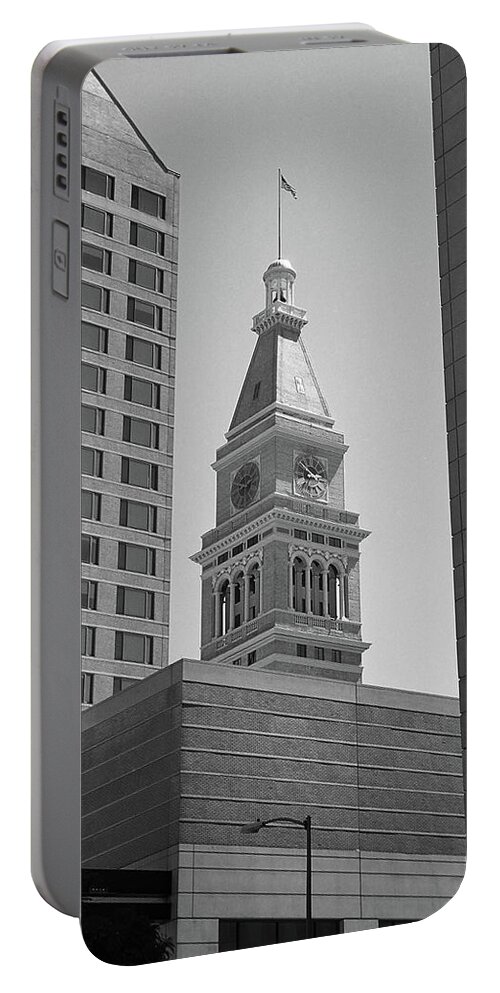 16th Portable Battery Charger featuring the photograph Denver - Historic D and F Clocktower 2 BW by Frank Romeo