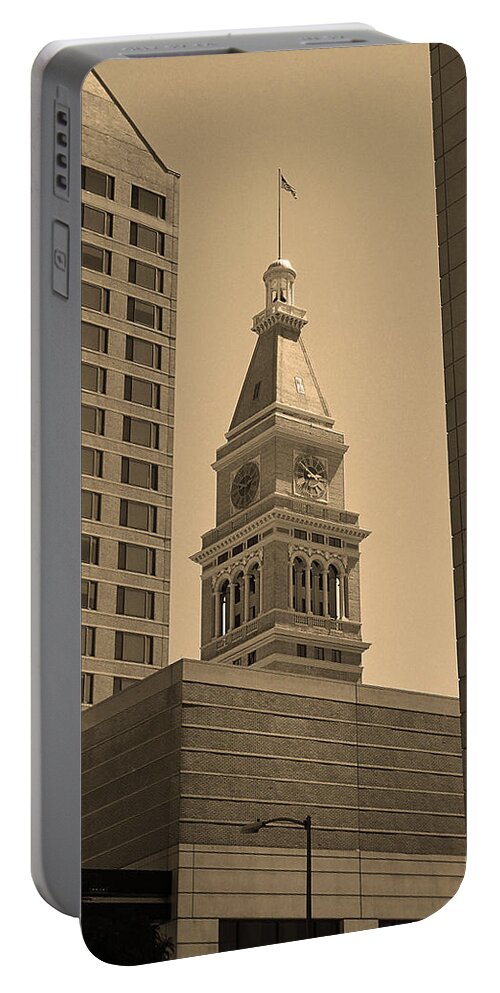 16th Portable Battery Charger featuring the photograph Denver - Historic D F Clocktower 2 Sepia by Frank Romeo