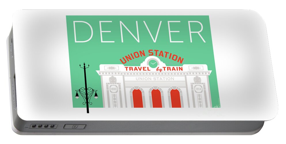 Denver Portable Battery Charger featuring the digital art DENVER Union Station/Aqua by Sam Brennan