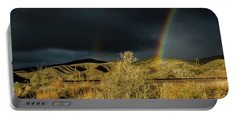 Double Portable Battery Charger featuring the photograph Desert double rainbow by Gaelyn Olmsted