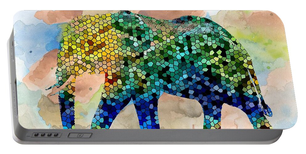 Mosaic Portable Battery Charger featuring the painting Design 37 Mosaic Elephant by Lucie Dumas