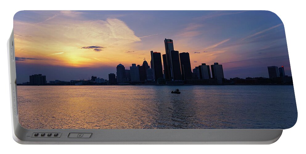 Detroit Skyline Sunset Portable Battery Charger featuring the photograph Detroit Skyline Sunset 1 by Rachel Cohen