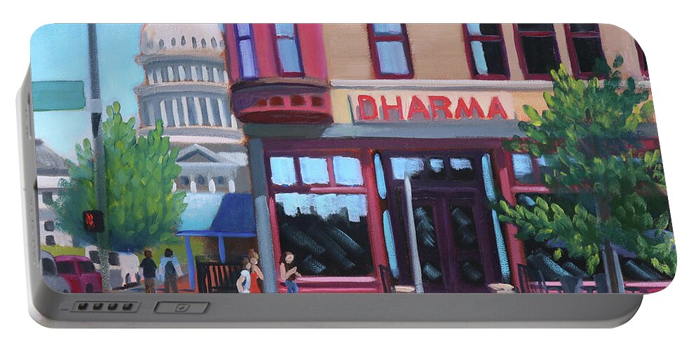 Boise Portable Battery Charger featuring the painting Dharma Building - Boise by Kevin Hughes