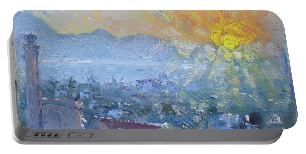 Sunrise Portable Battery Charger featuring the painting Dilesi in a Brand New Day by Ylli Haruni