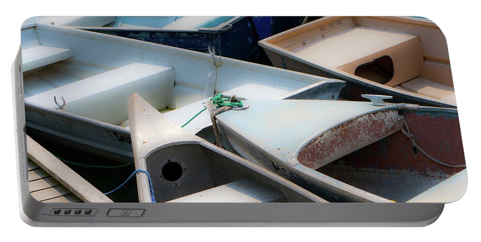 Beach Portable Battery Charger featuring the photograph Dinghies by the Dock by Barry Wills