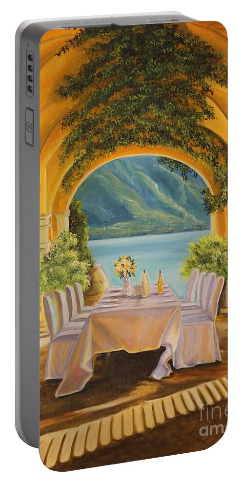 Lake Como Artwork Portable Battery Charger featuring the painting Dining on Lake Como by Charlotte Blanchard