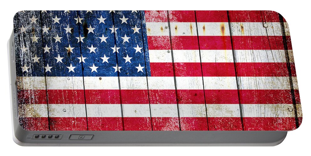 Vintage Portable Battery Charger featuring the digital art Distressed American Flag On Wood Planks - Horizontal by M L C