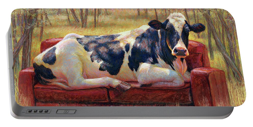 Cow Holstein Woods Landscape Animals Goddess Sunlight Bovine Pastel Black White Portable Battery Charger featuring the pastel Diva Bovina by Rita Kirkman