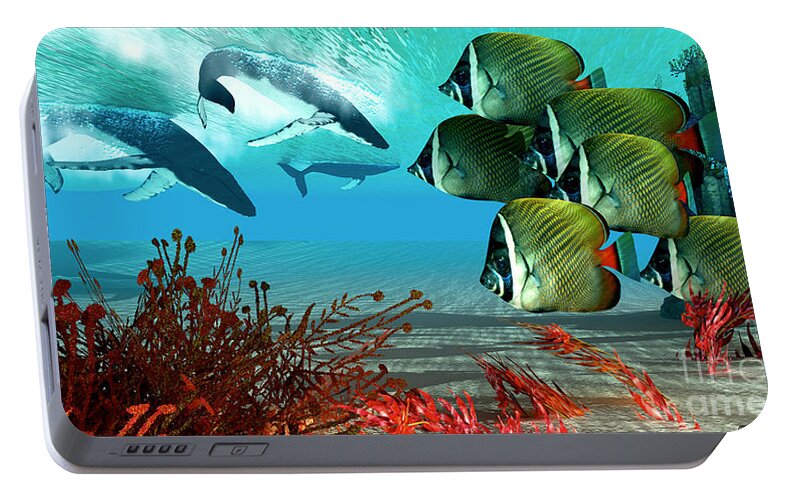 Whale Portable Battery Charger featuring the painting Diving Whales by Corey Ford