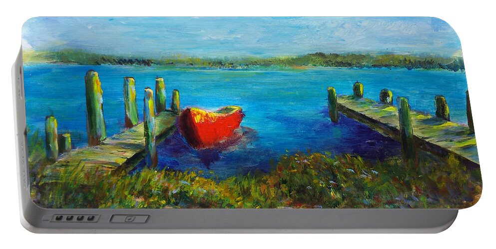 Seascapes Portable Battery Charger featuring the painting Docked for the Day by Laurie Samara-Schlageter