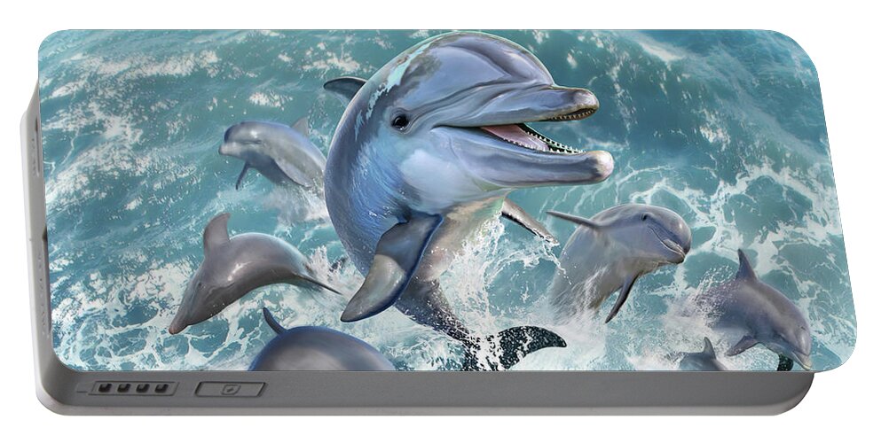 Dolphin Portable Battery Charger featuring the digital art Dolphin Jump by Jerry LoFaro