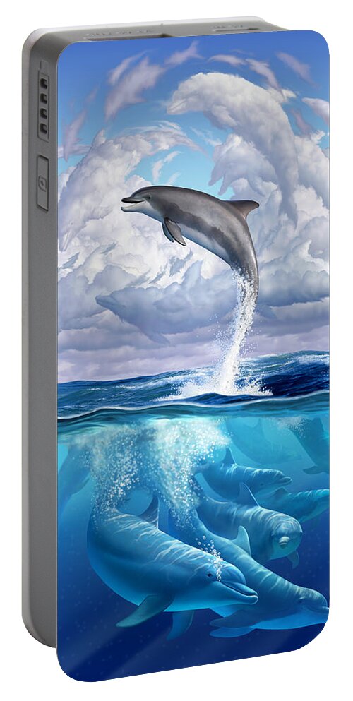 Dolphins Portable Battery Charger featuring the digital art Dolphonic Symphony by Jerry LoFaro