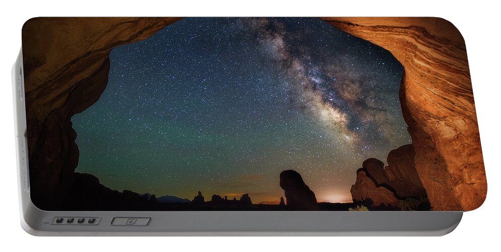 Starry Night Portable Battery Charger featuring the photograph Double Arch Milky Way Views by Darren White
