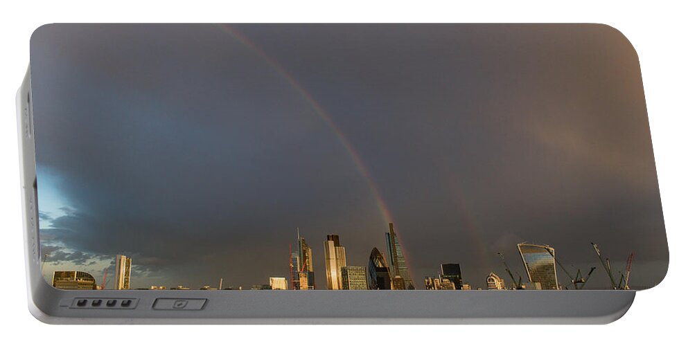 Rainbow Portable Battery Charger featuring the photograph Double rainbow over the City of London by Gary Eason