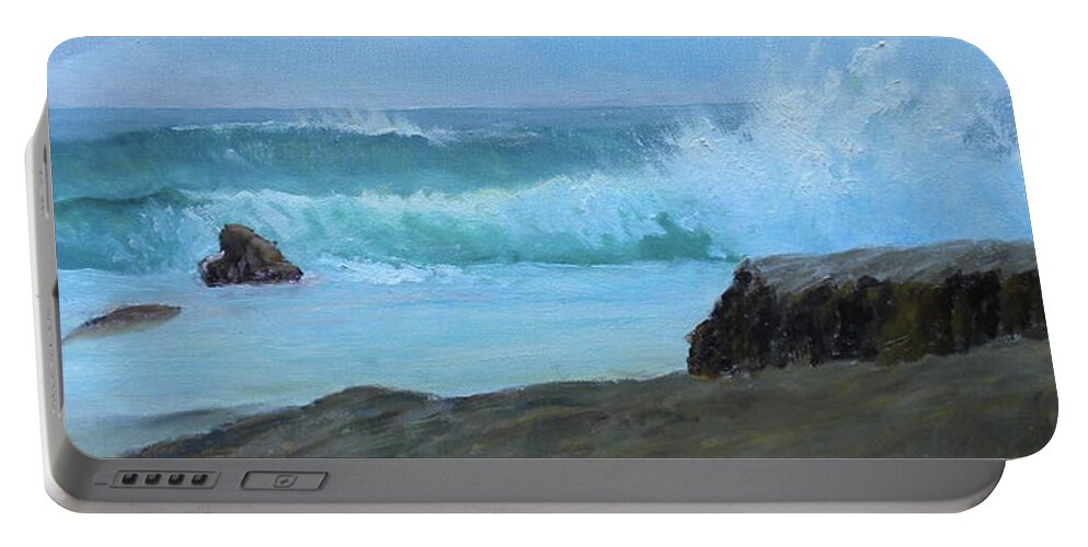 Seascape Landscape Sea Ocean Rocks Waves Beach Maine Coast Portable Battery Charger featuring the painting Double Wave by Scott W White