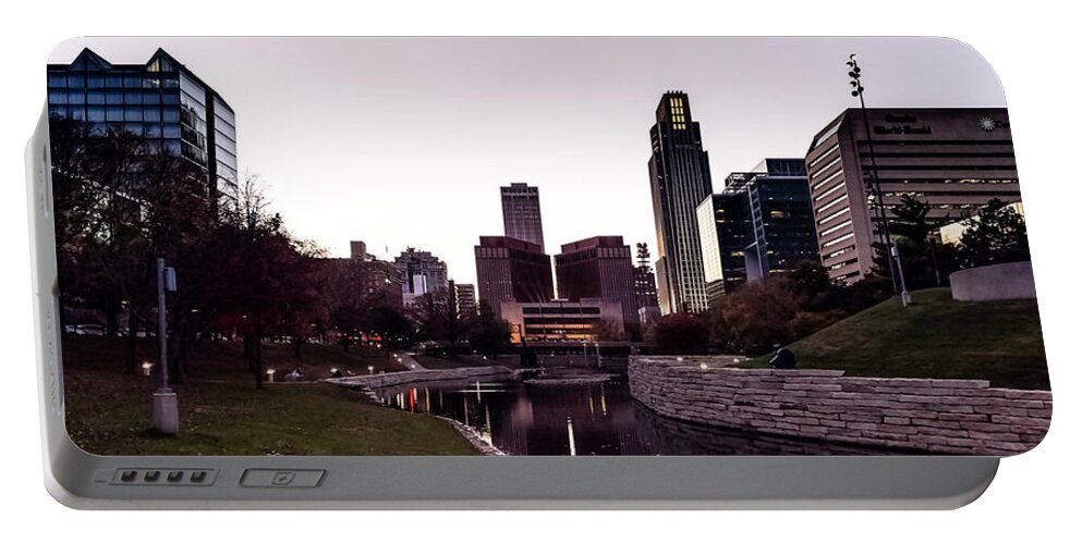 Omaha Portable Battery Charger featuring the photograph Downtown Omaha at Sunset by Mike Dunn