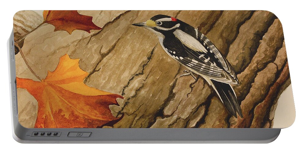 Bird Portable Battery Charger featuring the painting Downy Woodpecker by Charles Owens