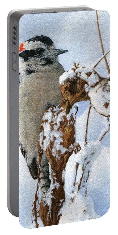 Downy Woodpecker Portable Battery Charger featuring the painting Downy Woodpecker by Ken Everett